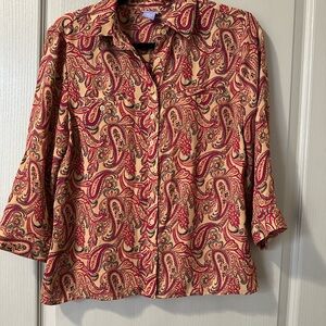 Laura Scott Petite Medium Red and Tan Paisley Button Down Shirt Casual Office